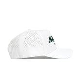 The No Rivals North Carolina Clubhouse Hat is a white structured snapback, shown from the side, with side panel perforations for ventilation and dark green embroidered text on the front.