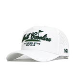 The No Rivals North Carolina Clubhouse Hat is a white snapback with a structured fit, featuring "North Carolina" and "The Tar Heel State Golf Club" embroidered in dark green, perforated sides for ventilation, and "NR" on the side.