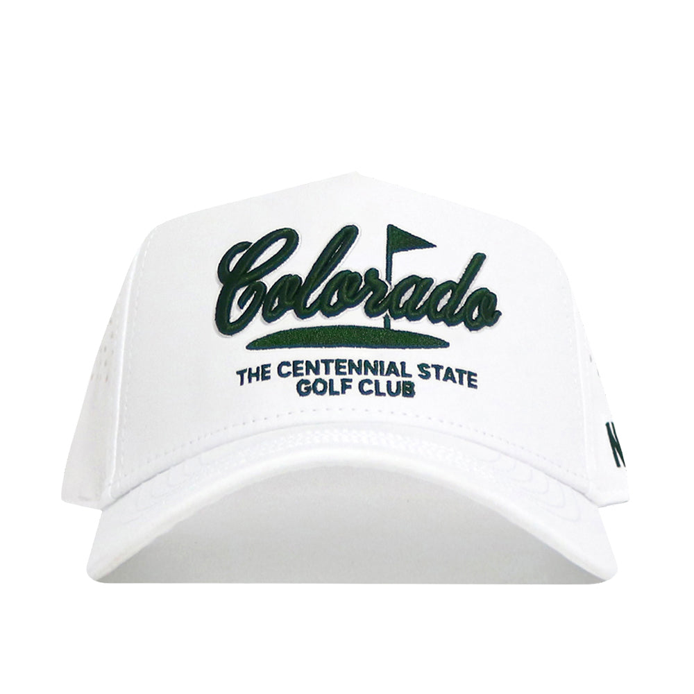 The No Rivals Colorado Clubhouse Hat is a white structured cap in a polyester-cotton blend, with green embroidered "Colorado" and "The Centennial State Golf Club" text plus a small flag graphic above.