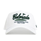 The No Rivals Colorado Clubhouse Hat is a white structured cap in a polyester-cotton blend, with green embroidered "Colorado" and "The Centennial State Golf Club" text plus a small flag graphic above.