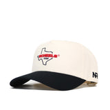 The Scheels Texas Hat - Black is a structured fit cap with a white and black design, an outlined Texas and SCHEELS TEXAS embroidered in red and black on the front, plus NR stitched in black on the side. Snapback closure included.