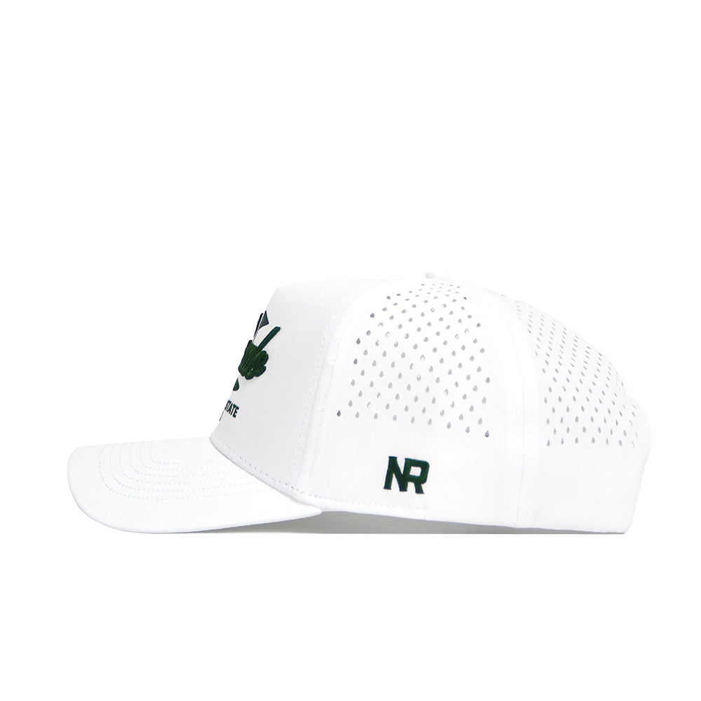 The Colorado Clubhouse Hat by No Rivals features a white polyester-cotton blend, structured fit, small ventilation holes, adjustable snapback, green "NR" embroidery on the back, and a green-black logo with text on the front.