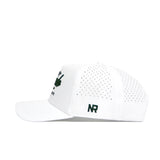 The Colorado Clubhouse Hat by No Rivals features a white polyester-cotton blend, structured fit, small ventilation holes, adjustable snapback, green "NR" embroidery on the back, and a green-black logo with text on the front.