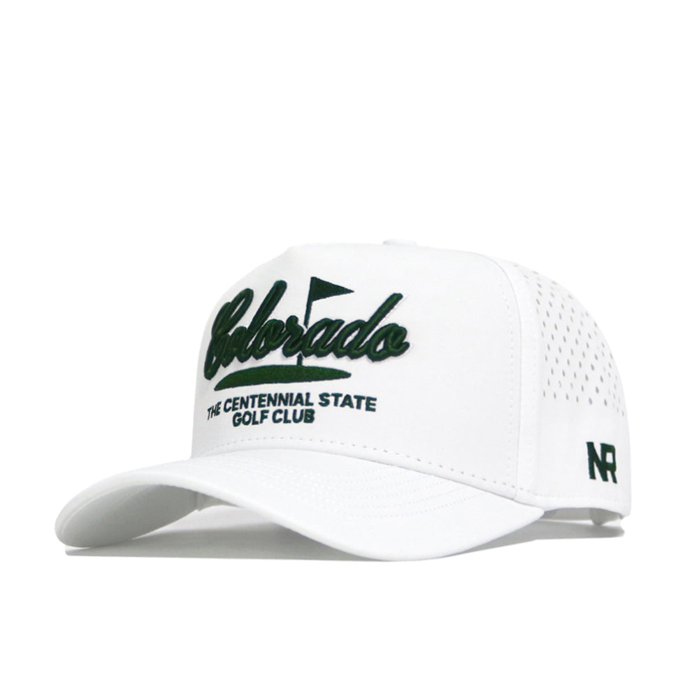 The No Rivals Colorado Clubhouse Hat is a white structured-fit cap made from a polyester-cotton blend, featuring “Colorado” and “The Centennial State Golf Club” embroidered in dark green, golf flag design, side vents, and an adjustable snapback closure.