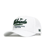 The No Rivals Colorado Clubhouse Hat is a white structured-fit cap made from a polyester-cotton blend, featuring “Colorado” and “The Centennial State Golf Club” embroidered in dark green, golf flag design, side vents, and an adjustable snapback closure.
