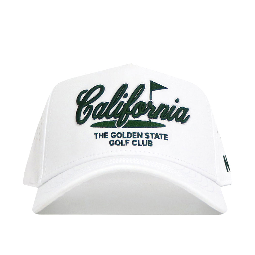 The No Rivals California Clubhouse Hat is a white snapback with "California" in large script and "THE GOLDEN STATE GOLF CLUB" in small block letters, plus a golf flag icon. It features a structured fit and is made from a polyester-cotton blend.
