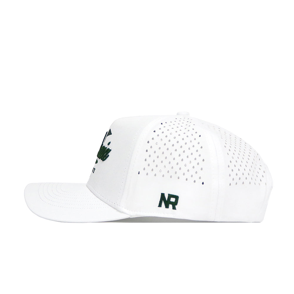 The California Clubhouse Hat by No Rivals features a structured white polyester-cotton blend, side ventilation holes, and dark green "NR" embroidery near the back. Shown from the side on a white background.