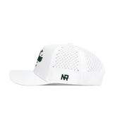 The California Clubhouse Hat by No Rivals features a structured white polyester-cotton blend, side ventilation holes, and dark green "NR" embroidery near the back. Shown from the side on a white background.
