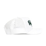The No Rivals California Clubhouse Hat is a white snapback with side ventilation holes and partially visible green embroidery on the front. Made from a polyester-cotton blend, it’s shown in left profile against a white background.
