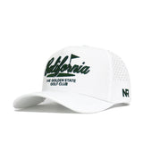 The No Rivals California Clubhouse Hat is a structured white snapback featuring "California" in green script with The Golden State Golf Club below, ventilation holes on the side, and NR initials near the back. Made from a polyester-cotton blend.