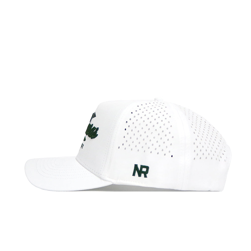 Side view of the No Rivals Arkansas Clubhouse Hat, a structured white snapback with a polyester-cotton blend, back panel perforations, NR initials in dark green on the side, and front dark green embroidery (text partially visible).
