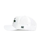 Side view of the No Rivals Arkansas Clubhouse Hat, a structured white snapback with a polyester-cotton blend, back panel perforations, NR initials in dark green on the side, and front dark green embroidery (text partially visible).