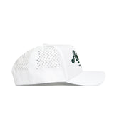 The No Rivals Arkansas Clubhouse Hat is a white snapback with side ventilation holes, a curved brim, and partially visible dark green front text. Seen from the side, this hat has a structured fit.