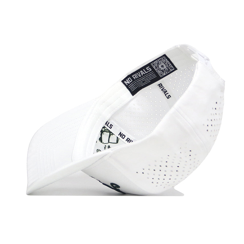 The Arkansas Clubhouse Hat by No Rivals is shown sideways against a plain white background, featuring a structured fit, perforated holes for ventilation, a curved brim, and NO RIVALS text on the inside band.