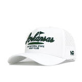 The No Rivals Arkansas Clubhouse Hat is a white structured snapback with green "Arkansas The Natural State Golf Club" embroidery, side perforations, and NR initials near the brim. Made from a polyester-cotton blend.