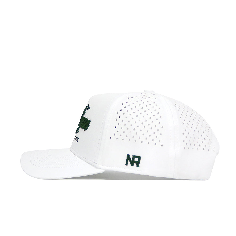 The Michigan Clubhouse Hat by No Rivals is a white, structured baseball cap with small back ventilation holes, dark green NR on the side, a snapback closure, green front text and graphics. Made from a polyester-cotton blend.