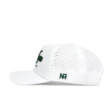 The Michigan Clubhouse Hat by No Rivals is a white, structured baseball cap with small back ventilation holes, dark green NR on the side, a snapback closure, green front text and graphics. Made from a polyester-cotton blend.