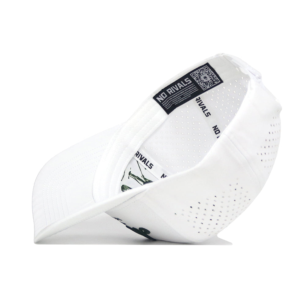 The Michigan Clubhouse Hat by No Rivals is shown upside down, revealing its perforated inner lining, black “NO RIVALS” branding on the inside band, a visible QR code label, and a snap back adjuster.