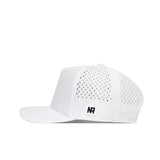 The No Rivals USF Golf Hat - White is a snapback cap featuring a flat brim, side ventilation holes, and a small black and white embroidered NR logo patch on the left panel. Designed with an adjustable snap back for the perfect gameday fit, the hat is displayed in profile, facing left against a plain white background.