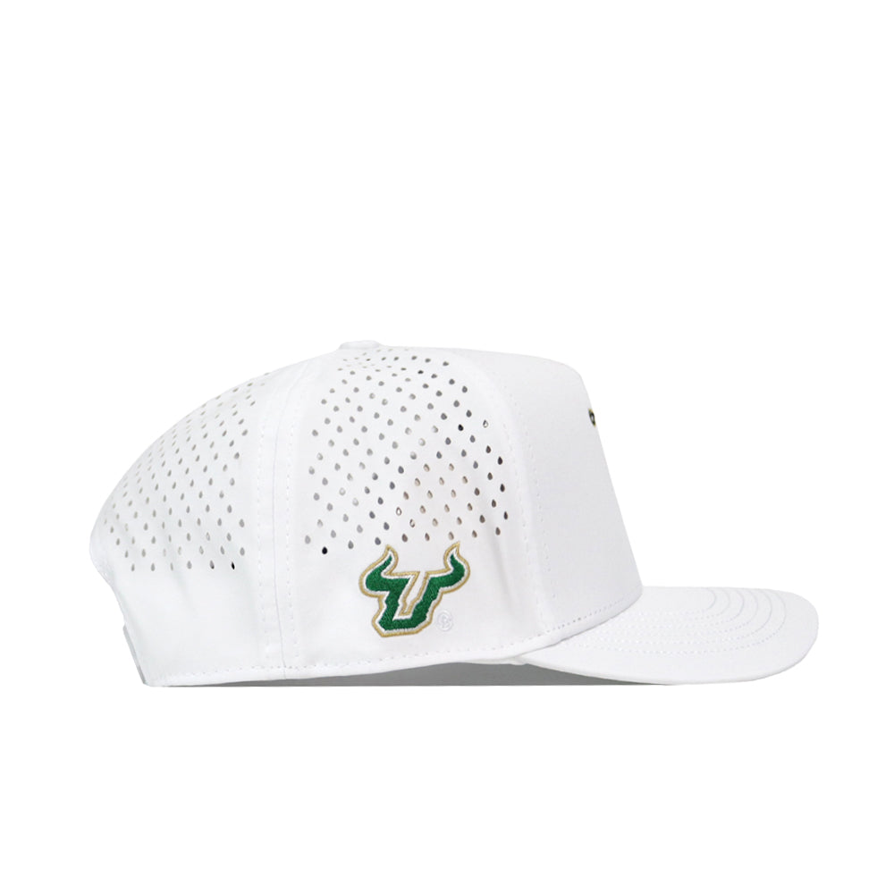 No Rivals USF Golf Hat - White: This white cap features a green and gold embroidered bull logo on the side panel, a flat brim, perforated ventilation holes for breathability, and an adjustable snap back closure for the perfect gameday fit.