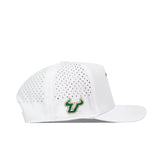 No Rivals USF Golf Hat - White: This white cap features a green and gold embroidered bull logo on the side panel, a flat brim, perforated ventilation holes for breathability, and an adjustable snap back closure for the perfect gameday fit.