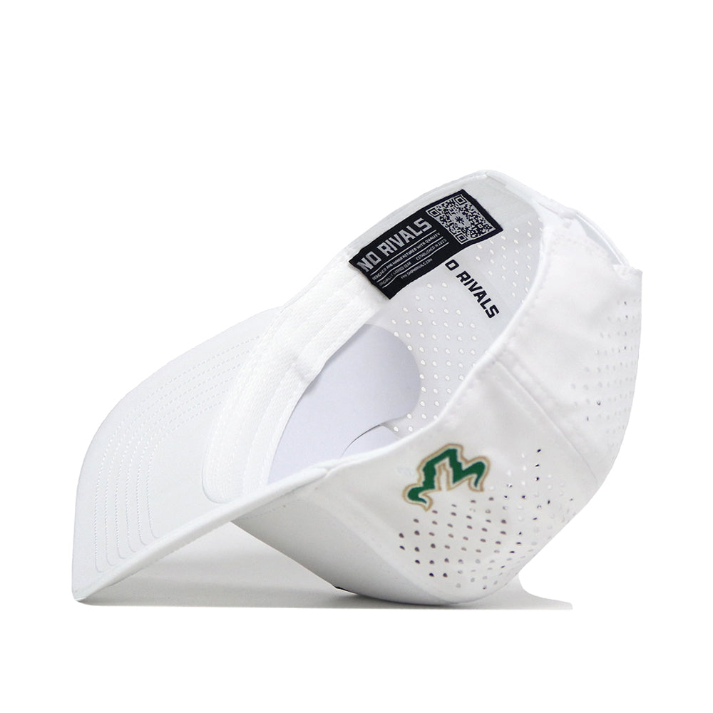 The No Rivals USF Golf Hat - White is displayed lying on its side, featuring perforated holes, a green and gold embroidered logo, and an inside tag with a QR code and text. Its classic snap back adjustment ensures the perfect fit for gameday.