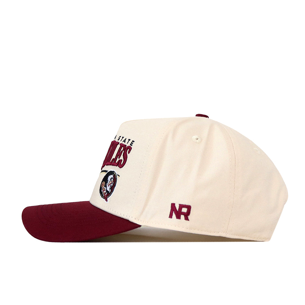 Introducing the Florida State Seminoles Stride Hat by No Rivals—a cream baseball cap with a maroon brim, featuring an embroidered Native American head graphic on the front panel, maroon NR letters on the side, and a structured fit snapback design. Made from high-quality cotton, this hat offers lasting comfort and durability.