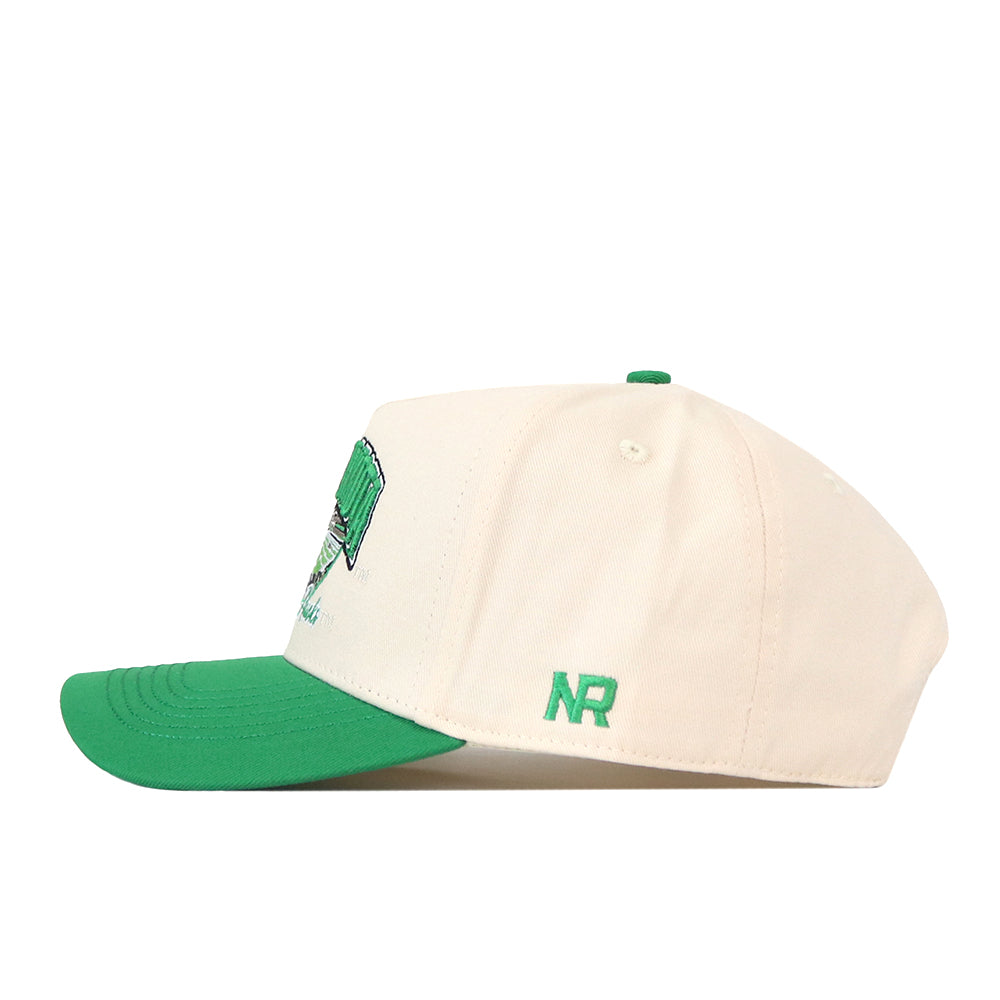 The No Rivals North Dakota Fighting Hawks Stadium Hat, featuring a white crown, green brim, and green embroidered NR initials on the side, is pictured in a side profile against a white background—a perfect snapback to complete your game day look.