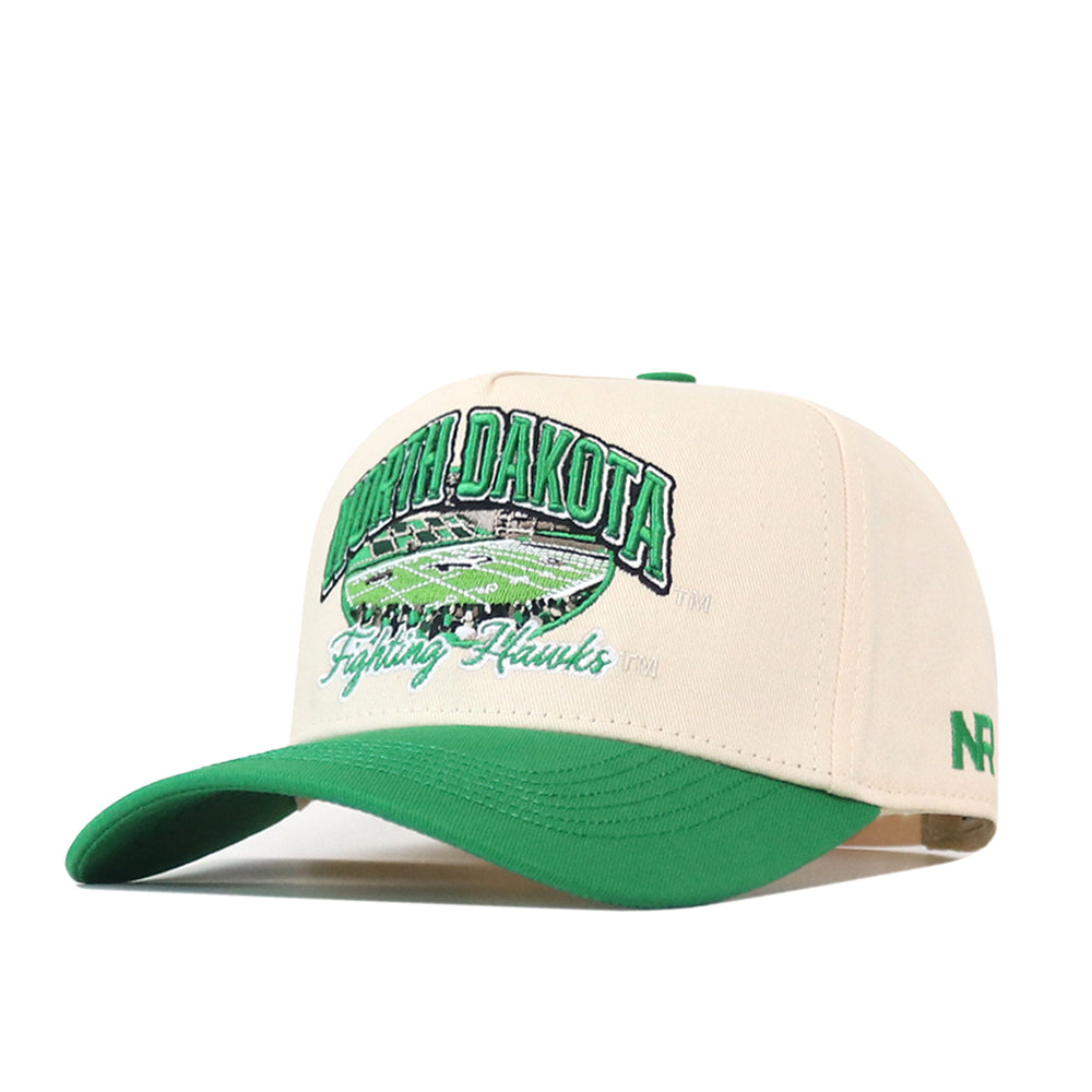 The No Rivals North Dakota Fighting Hawks Stadium Hat features a cream and green snapback design with bold, detailed North Dakota Fighting Hawks lettering and a hawk logo embroidered on the front—perfect for completing your gameday fit.