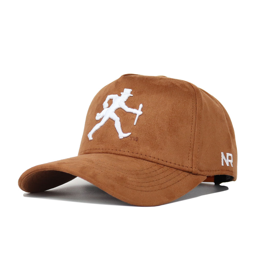 The Wake Forest Heritage Hat by No Rivals is a brown suede baseball cap featuring a white embroidered walking man logo on the front, NR stitched on the side, and an adjustable snap back for comfort.