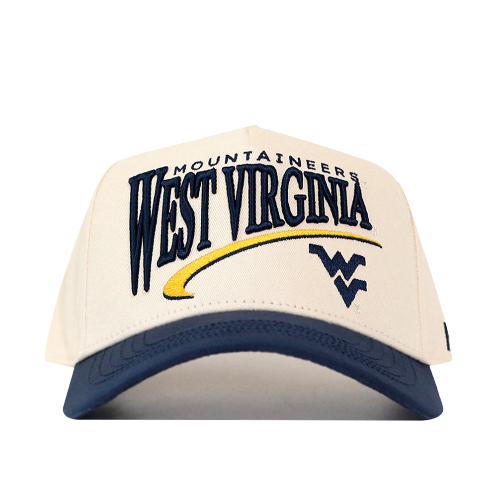 Introducing the No Rivals WVU Mountaineers Stride Hat—a structured fit, white snapback cap with a navy blue brim. Featuring the West Virginia Mountaineers and a yellow swoosh embroidered on the front alongside the classic WVU logo, this high-quality cotton hat offers both comfort and style for any fan.