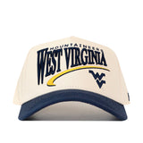 Introducing the No Rivals WVU Mountaineers Stride Hat—a structured fit, white snapback cap with a navy blue brim. Featuring the West Virginia Mountaineers and a yellow swoosh embroidered on the front alongside the classic WVU logo, this high-quality cotton hat offers both comfort and style for any fan.