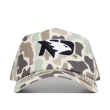 The No Rivals North Dakota Huntsman Hat is a 5-panel duck camo hat featuring a black and white stylized bird logo on the front.