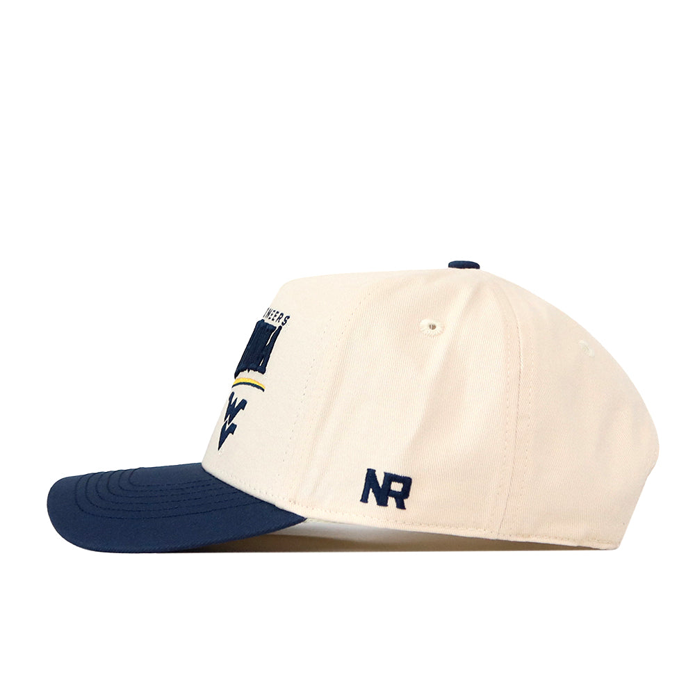 A structured fit WVU Mountaineers Stride Hat by No Rivals, featuring a cream-colored crown, navy blue brim, and embroidered NR initials on the side, crafted from high-quality cotton and displayed in side profile against a white background.