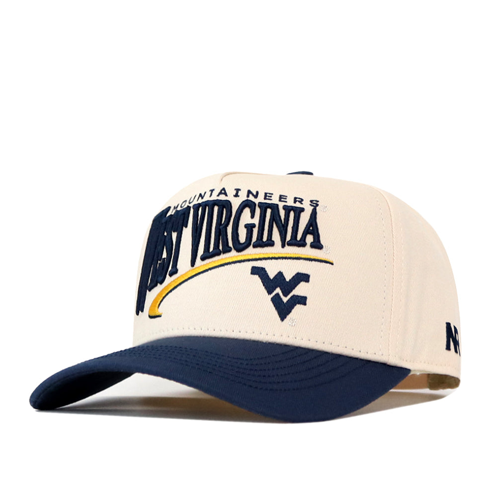 Introducing the WVU Mountaineers Stride Hat by No Rivals—a white and navy structured fit cap with the iconic WV logo and West Virginia Mountaineers embroidered on the front. Made from high-quality cotton, this snapback hat features a curved navy brim and a durable, structured crown for long-lasting comfort and style.