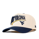 Introducing the WVU Mountaineers Stride Hat by No Rivals—a white and navy structured fit cap with the iconic WV logo and West Virginia Mountaineers embroidered on the front. Made from high-quality cotton, this snapback hat features a curved navy brim and a durable, structured crown for long-lasting comfort and style.