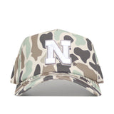 The No Rivals Nebraska Huntsman Hat is a 5-panel duck camo hat featuring a bold white letter N outlined in black on the front.