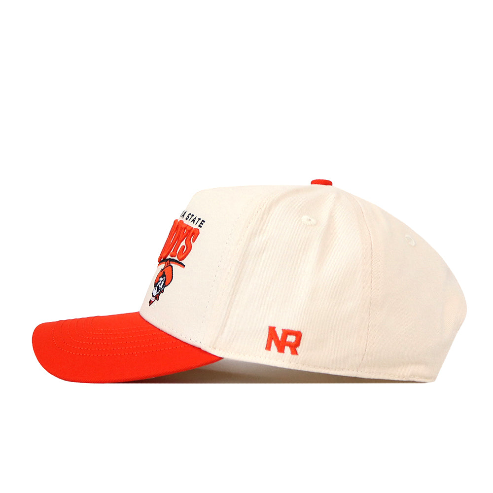 The Oklahoma State Cowboys Stride Hat by No Rivals is a cream-colored snapback with an orange brim, featuring embroidered text and a logo on the front. The left side near the brim displays orange-stitched NR initials, making it the perfect addition to your gameday fit.