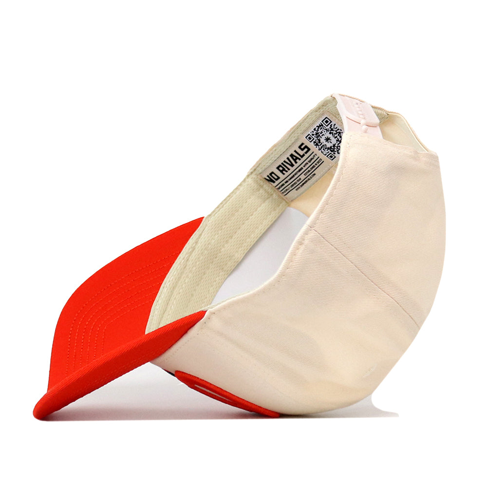An Oklahoma State Cowboys Stride Hat by No Rivals, in red and beige, is turned inside out to display its inner lining, stitched details, embroidered logos, and labels against a white background.