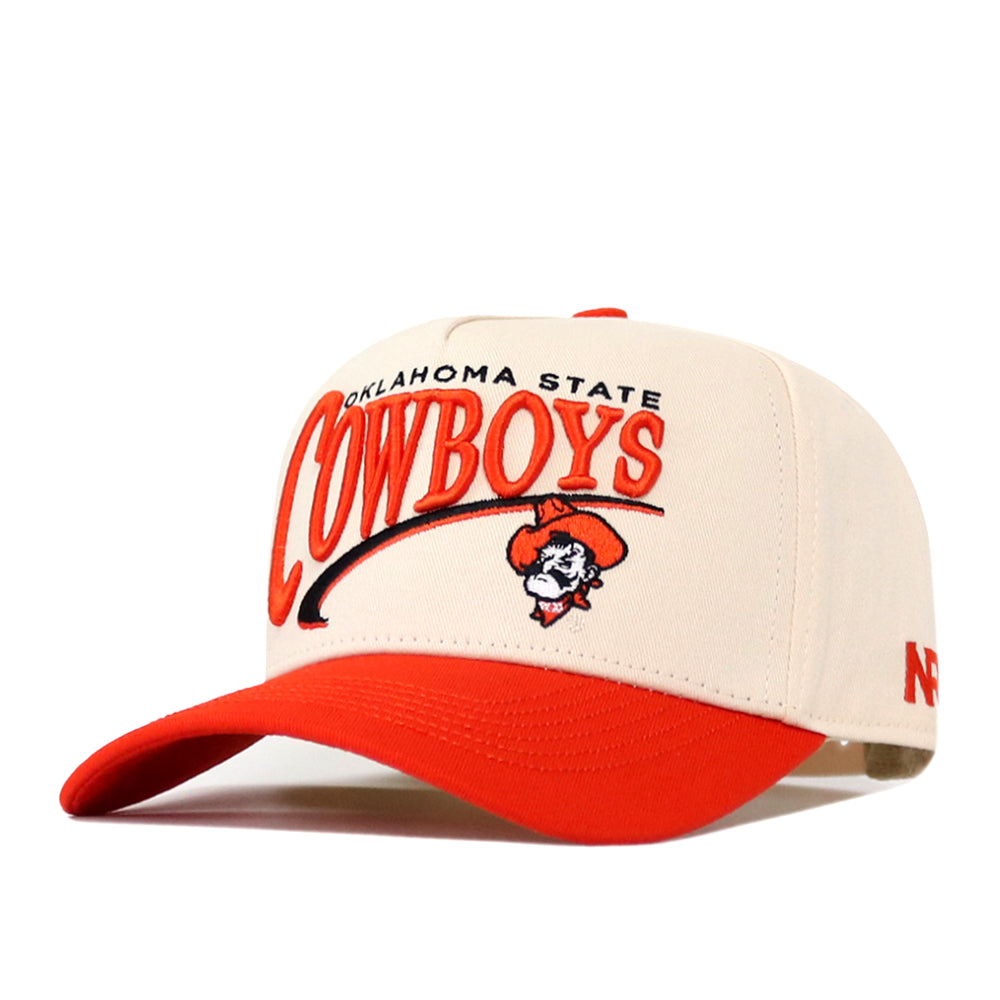 The No Rivals Oklahoma State Cowboys Stride Hat is a beige and orange snapback cap featuring the Oklahoma State COWBOYS name and cowboy mascot embroidered on the front—perfect for adding a spirited touch to your gameday outfit.