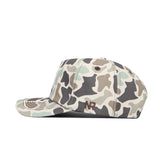 A side view of the Tennessee Huntsman Hat by No Rivals, featuring green, tan, and brown duck camo and “NR” embroidered in brown on the side. Comes with a classic snapback for adjustable fit.