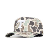The No Rivals Tennessee Huntsman Hat is a 5-panel Duck Camo cap with a white T on the front, N logo on the side, curved brim, and an adjustable snapback strap for a perfect fit.