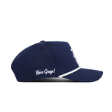 The Rice Guys Hat - Navy by No Rivals is a structured navy cap with white piping on the brim and “Rice Guys!” embroidered in white on the side, displayed in a side view against a white background.