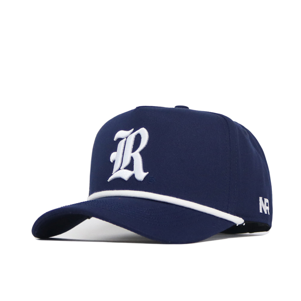 The Rice Guys Hat - Navy by No Rivals features a white embroidered “R” on the front, “NR” on the side, white brim trim, and a snapback closure for a comfortable, structured fit.