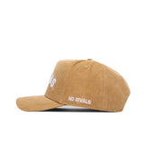 The Kansas Rustic Hat by No Rivals is a brown corduroy snapback with a flat brim and structured fit, featuring "NO RIVALS" embroidered in white on the side.