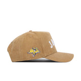 The No Rivals South Dakota State Rustic Hat is a brown cotton canvas snapback with a structured fit, “JACKS” embroidered on the front, a yellow and purple jackrabbit logo on the side, and a curved brim. Displayed on a white background.