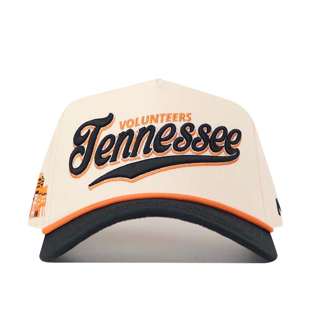 The No Rivals Tennessee Old Script Neyland Hat is a white and black baseball cap featuring “Volunteers Tennessee” embroidered in bold black and orange on the front, with an officially licensed embroidered logo and a classic snapback closure for the perfect fit.