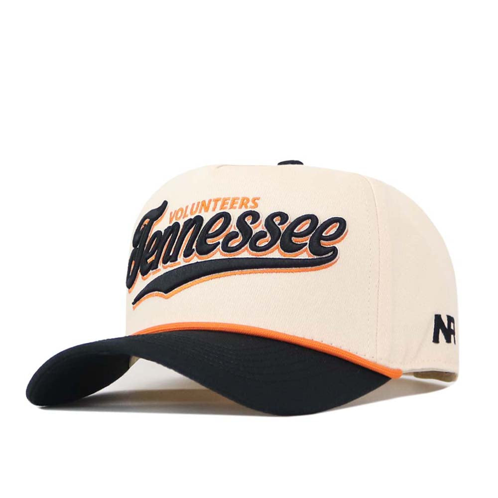 Here’s a revised version of your sentence using the provided product data: The Tennessee Old Script Neyland Hat by No Rivals is a cream and black snapback baseball cap featuring “Volunteers Tennessee” embroidered in black and orange script on the front, an officially licensed small N logo on the side, and a stylish fit perfect for any fan.
