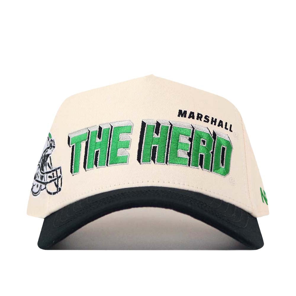 Introducing the Marshall Alma Mater Hat by No Rivals—a white and black licensed snapback featuring “THE HERD” in bold green and black lettering on the front, with “MARSHALL” displayed above and a distinctive partial graphic along the left side. Crafted from high-quality cotton with a structured fit cap design, this hat blends comfort with timeless Marshall spirit.