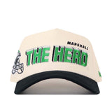Introducing the Marshall Alma Mater Hat by No Rivals—a white and black licensed snapback featuring “THE HERD” in bold green and black lettering on the front, with “MARSHALL” displayed above and a distinctive partial graphic along the left side. Crafted from high-quality cotton with a structured fit cap design, this hat blends comfort with timeless Marshall spirit.
